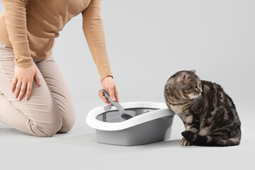 Owner cleaning cat litter box on grey background