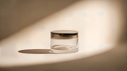 A strikingly elegant cosmetic mockup featuring a minimalist glass container with a sleek, modern design. The product is set against a softly textured backdrop, illuminated by a single spotlight, creat