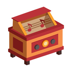 a vintage music box with a red and orange wooden body, an open lid revealing musical notes on a staff inside, control buttons or knobs on the front panel, and small legs supporting the base.
