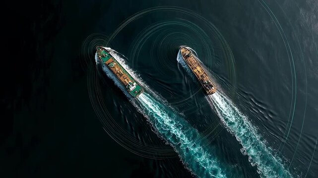 An aerial view of two vessels in close proximity at sea with graphical representations of their AIS data shown as transparent lines connecting them illustrating speed direction and