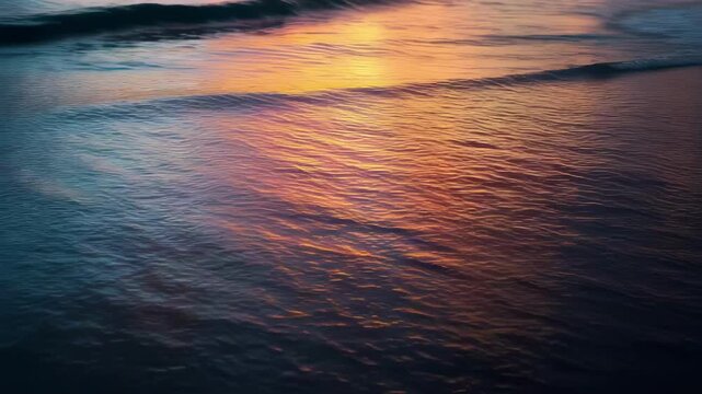 A lowangle perspective captures the stunning gradient of colors in the sky reflecting on a calm sea where the sunlight dances on the waters surface as waves softly lap at the shore