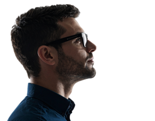 Man in Glasses, Pensive Upward Look, Silhouette, Abstract Reflection, Isolated