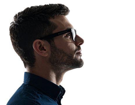 Man in Glasses, Pensive Upward Look, Silhouette, Abstract Reflection, Isolated