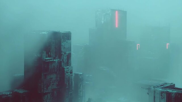 Towering monolithic structures emerge from a dense, otherworldly fog, illuminated by striking neon accents.