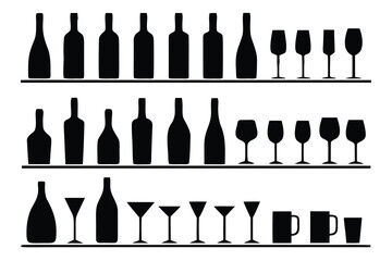 Black silhouettes of bottles glasses and mugs vector
