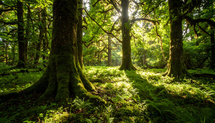 Sun Dappled Forest with Moss Covered Trees