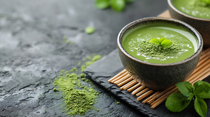 Matcha Green Tea in Ceramic Bowls Healthy Refreshing Beverage