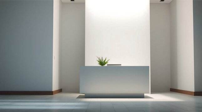 Contemporary reception area with minimalist design, featuring a modern counter, neutral palette, and a small plant for a touch of nature indoors.