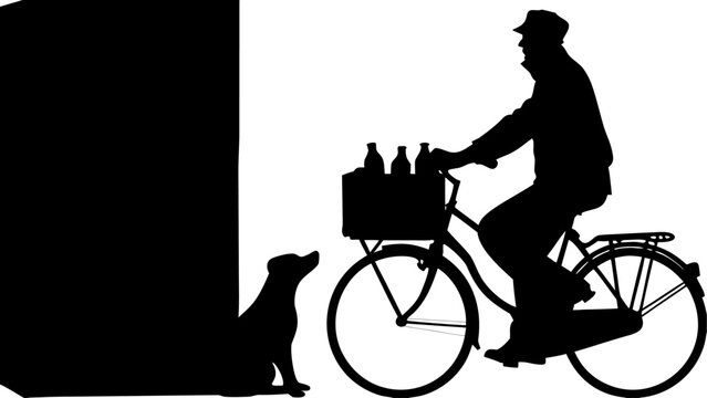 Silhouette of a milkman on a bicycle with a crate of milk bottles and a dog sitting nearby the bicycle