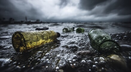 Plastic and glass bottles litter a stormy shoreline
