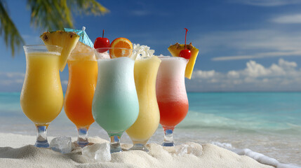 vibrant collection of top  famous cocktails elegantly arranged on sunny beach showcasing delightful essence of
