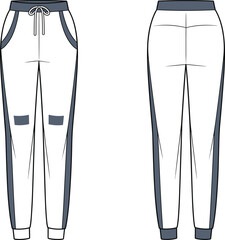 Jogger pants front and back technical flat sketch, activewear design with contrast details, cad drawing vector illustration, fashion template