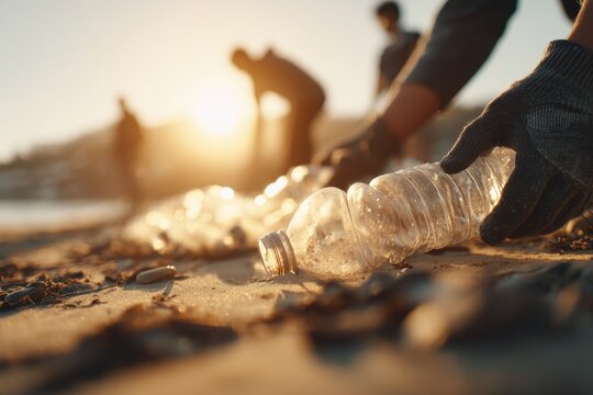 Volunteers clean plastic bottles from beach - Powered by Adobe