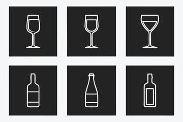 White wine glasses and bottles on black illustration