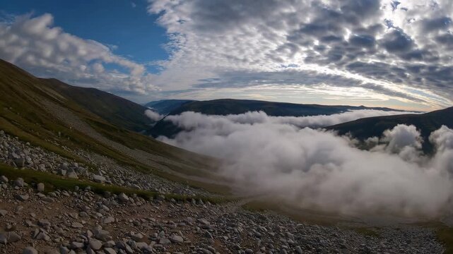 Dramatic clouds rolling over mountainous landscape under dynamic sky