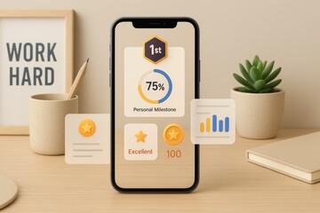 Mobile App Interface Showing Personal Milestone Progress, Achievement Badges and Productivity Score on Desk
