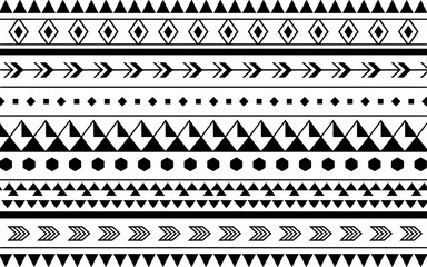 Collection of geometric tribal patterns and borders in black and white silhouette