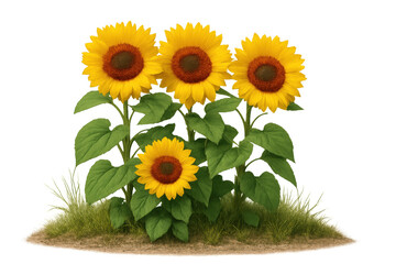 Obraz premium Bright sunflowers sprouting through verdant grass, radiant petals standing out against clean white backdrop