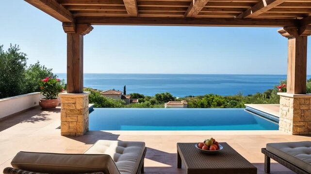 Luxurious villa infinity pool with ocean view in Greece during summer day