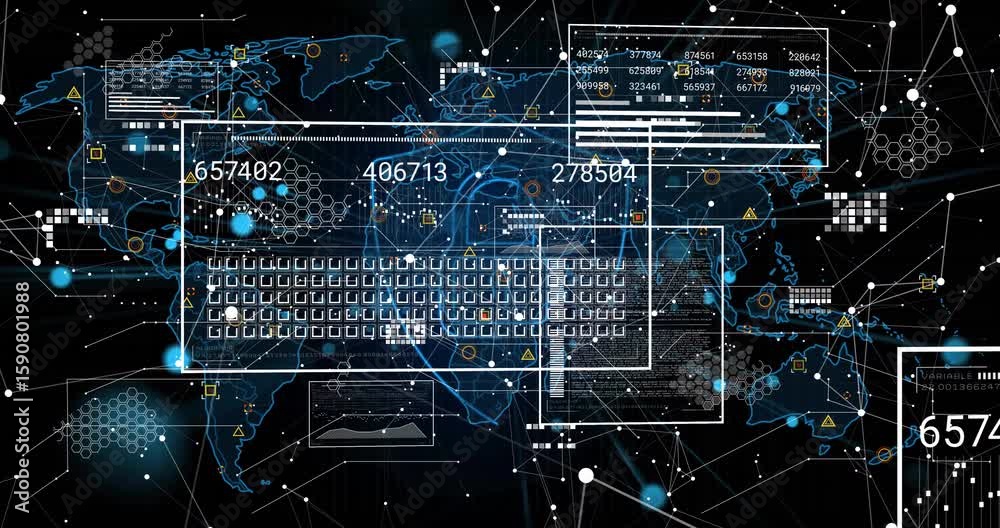 Aufkleber initial empty rectangles drifting over global network revealing keyboard grid updating live data