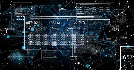 Initial empty rectangles drifting over global network revealing keyboard grid updating live data - Powered by Adobe