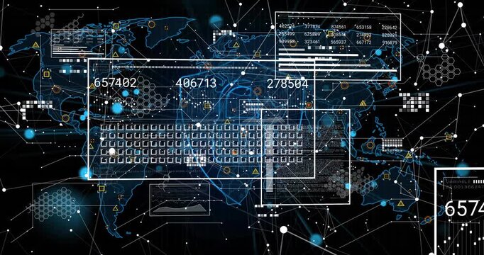 Initial empty rectangles drifting over global network revealing keyboard grid updating live data