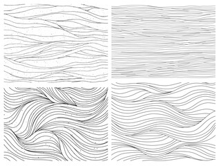 Wavy curly hair pattern, animal fur, natural texture, black and white abstract background set