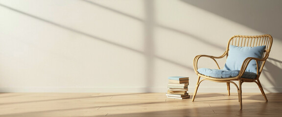 Cozy rattan chair with blue cushion beside stacked books in sunlight  