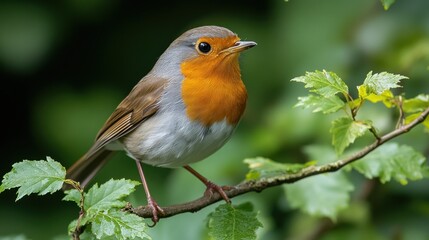 Fototapeta premium Robin perched on branch, vibrant colors