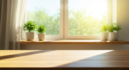 Bright indoor window with potted plants and wooden table surface  