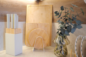 Elegant kitchen decor featuring wooden cutting boards