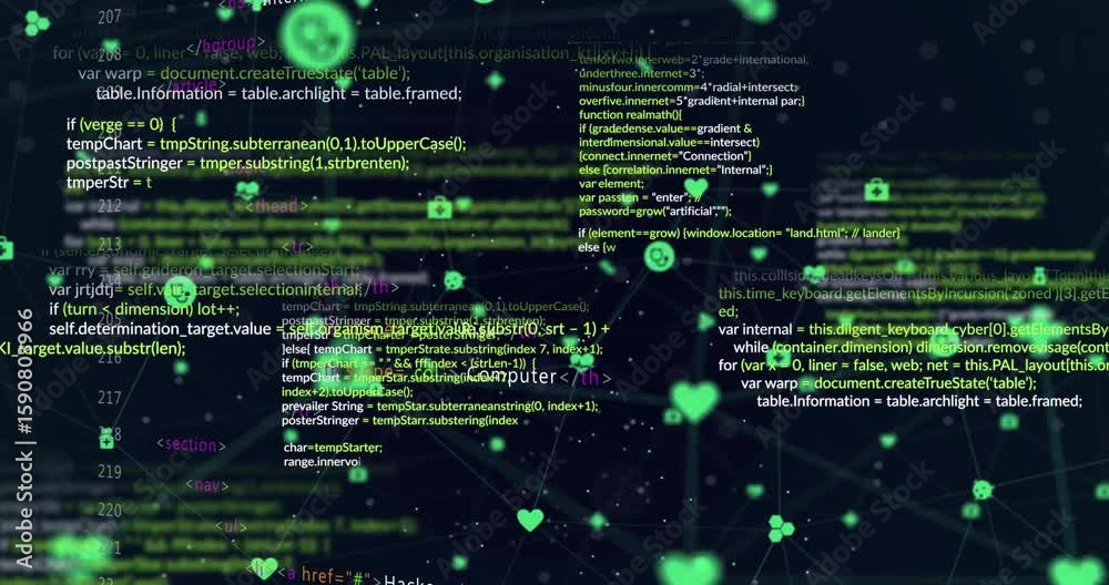 Poster dark grid opening html and js code as neon-green icons linking and pulsing to security network