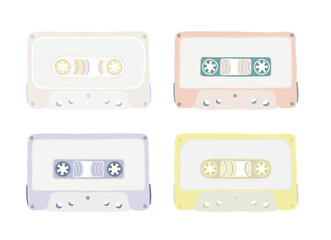 Set of illustrations of an audio cassette tapes with orange, white, purple, yellow colors and a cartoon cute flat design. Analog media for recording and listening to music.