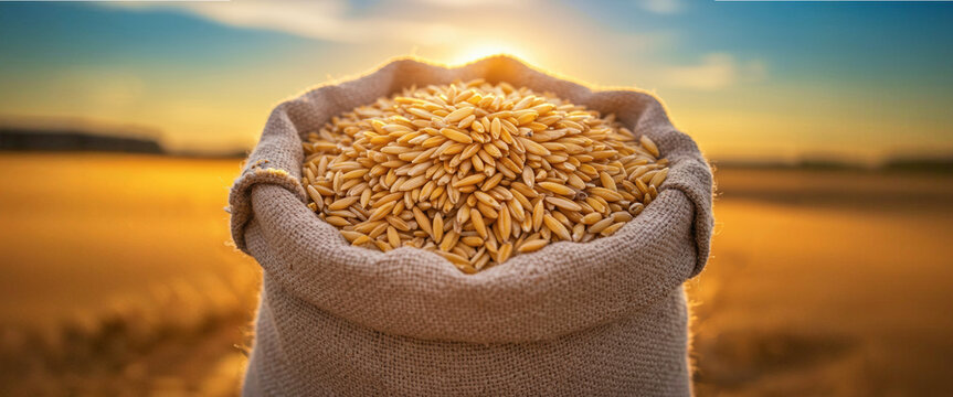 Wheat grains in a burlap sack against golden sunset background  