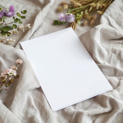 Invitation card mockup on soft textured fabric with artistic styling elements and natural lighting, ideal for boho and rustic wedding suite presentation
