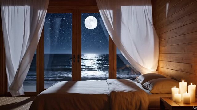 Cozy bedroom with open wooden doors overlooking a tranquil ocean under a starry sky and bright full moon, creating a peaceful nighttime retreat.