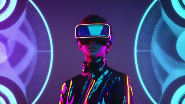 Young person experiencing an immersive digital realm through advanced glowing headwear
