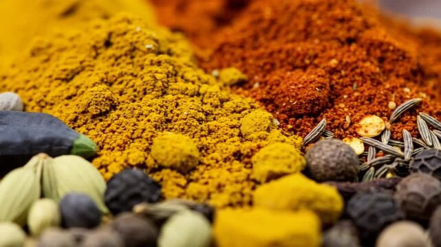 Vibrant spices arranged in colorful piles on a table