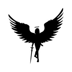 Fantasy woman angel warrior with wings, Warlike girl goddess. Lady elf holding sword in hand.