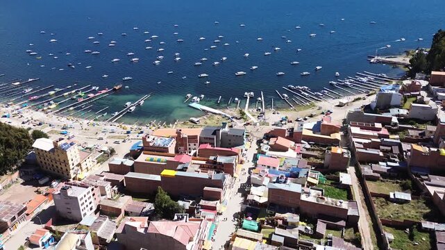 Aerial Drone View of Lake Titicaca and Copacabana Town in Bolivia
