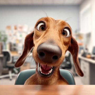 A comical dachshund dog with goofy eyes, a comical caricature, closeup, looking into the lens, sitting at an office desk.

