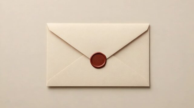 Elegant beige paper envelope sealed with wax seal, simple design
