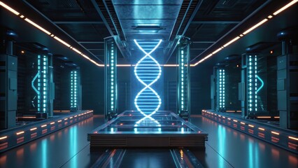 Futuristic laboratory with a glowing DNA helix, featuring high-tech lighting and sleek metallic surfaces, suggesting advanced scientific research.