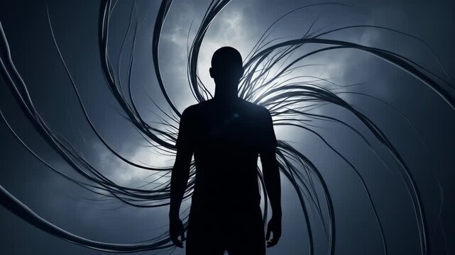Ethereal Silhouette of a Person Against a Swirling Abstract Vortex Representing Consciousness or Digital Space