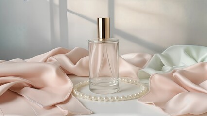 Create a high-end cosmetic mockup featuring an elegantly designed glass bottle with a translucent quality, reflecting soft pastel colors. Surround the bottle with an array of luxurious accessories lik