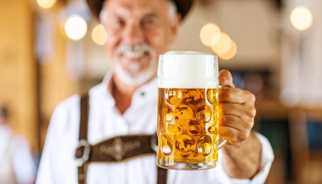 Germany, Bavaria, Upper Bavaria. The senior happy smiling man with beer dressed in traditional Austrian or Bavarian costume holding mug of beer at pub or studio. The celebration, oktoberfest, festival - Powered by Adobe
