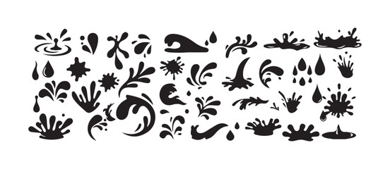 Black Water Splash, Drop, and Wave Silhouettes Elements Pack, Creative Ink Blots Vector Elements, vector illustration eps 10.