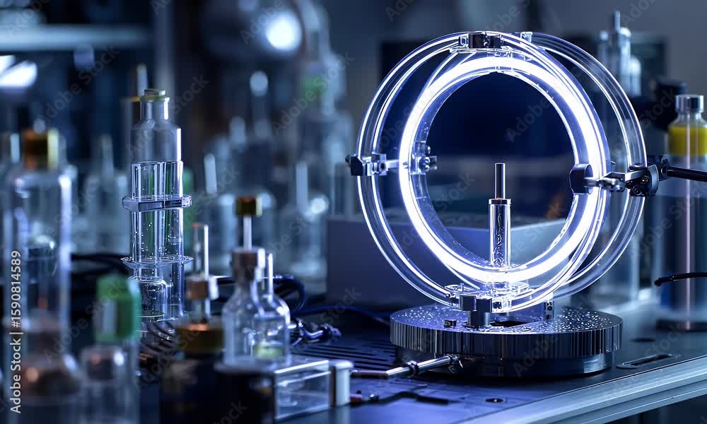 Poster a close-up of an advanced energy device with glowing neon rings, creating circular fields around it 