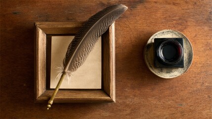 A vintage wooden desk featuring a feather quill and inkwell, illuminated by soft diffused natural light.
