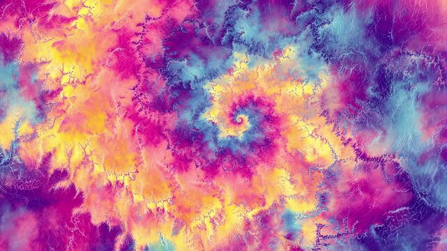 Radiant fractals emerge from a central point expanding outward in a harmonious blend of psychedelic colors. The intricate tiedye textures transition seamlessly between bright shades